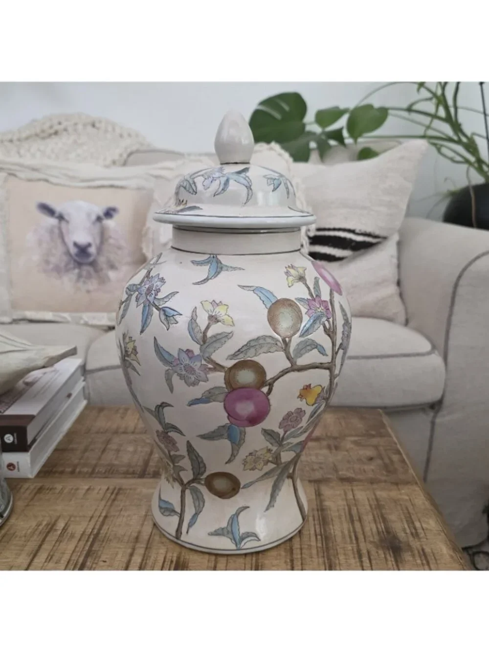 Vintage Chinoiserie Porcelain Ginger Jar Hand Painted Peach Flowers 14.5